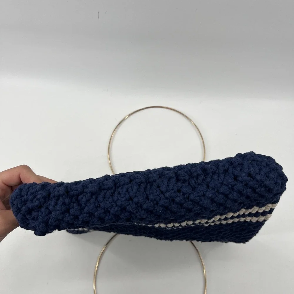 Vintage Handmade 70s Macrame Purse Bag Round Handles Nautical Boho Navy Gold
